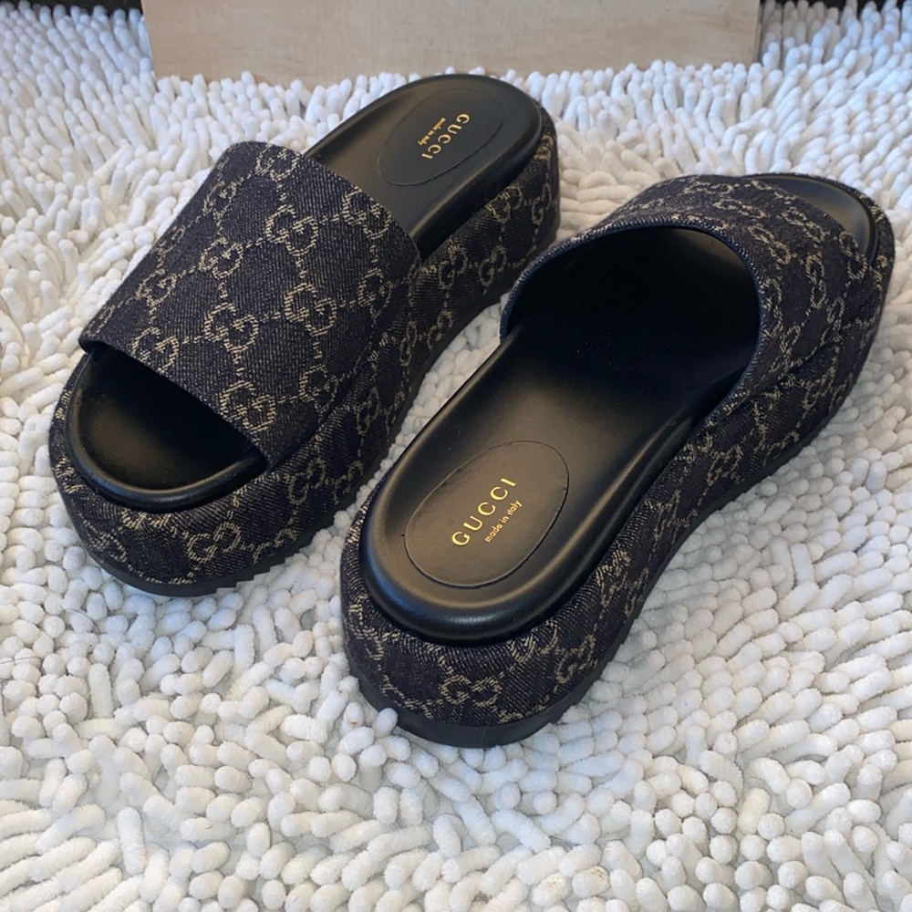 GG Canvas Denim Platform Slides